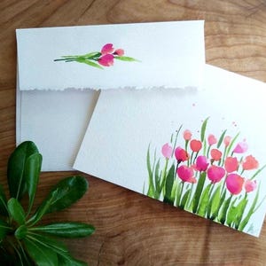 lot de 3, fleurs aquarelles originales peintes à la main, tulipes roses, anniversaire, fête des mères, carte de voeux vierge, merci, sympathie 4,25 x 5,5 pouces