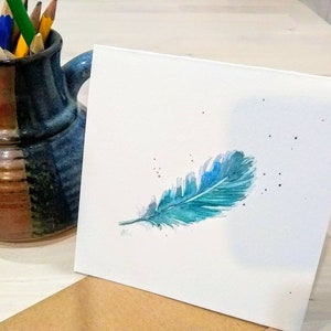 Original Handgemalt, Aquarell, blaue Feder, Geburtstag, Dankeschön, Sympathie, blanko Grußkarte 4,75"x4,75"
