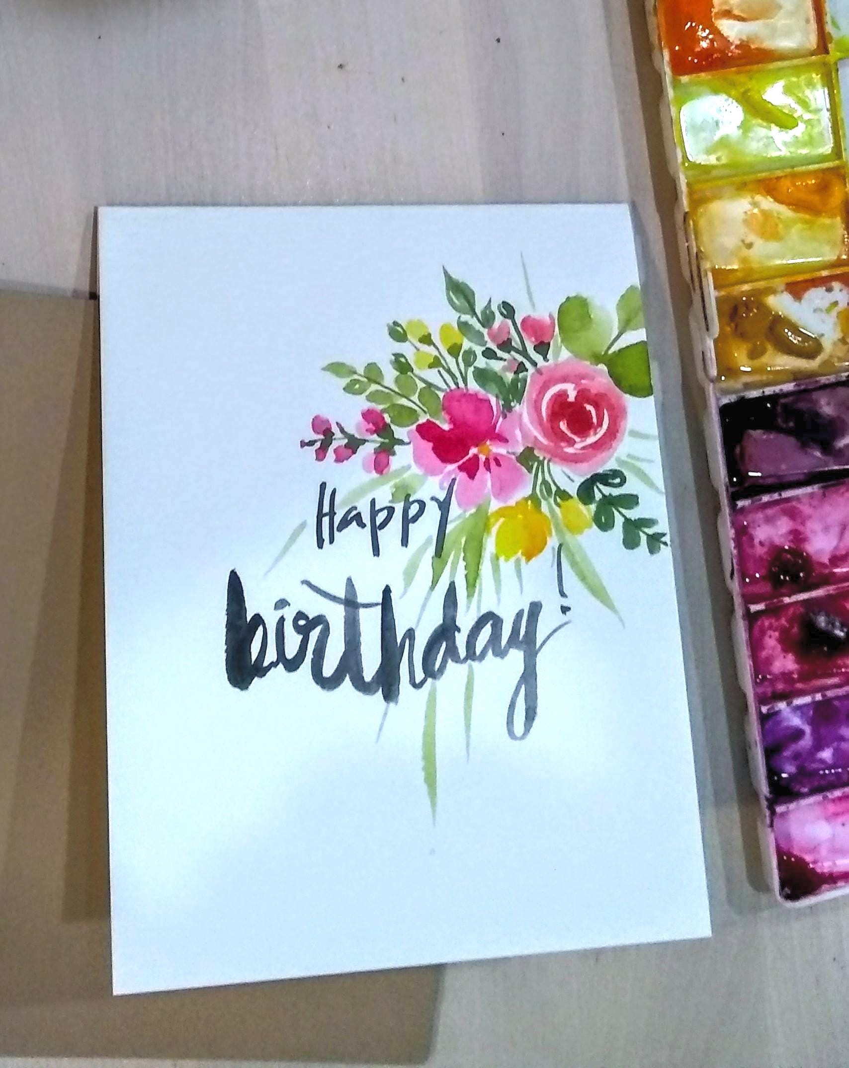 Original Hand Painted Watercolor, Brush Lettered Birthday Card , Blank ...