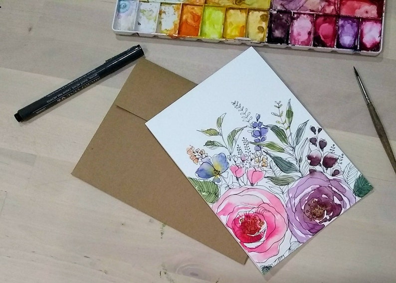 5"x7" Original Hand Painted Watercolor Rose, Floral Blank Greeting Card ...