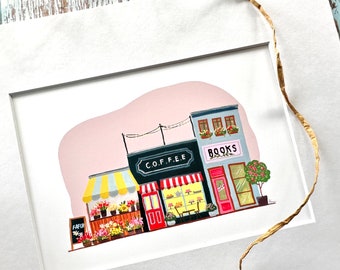 Art print, wall art, coffe shop, bookshop, flower shop, house warming gift, folk art, office room decor, birthday gift