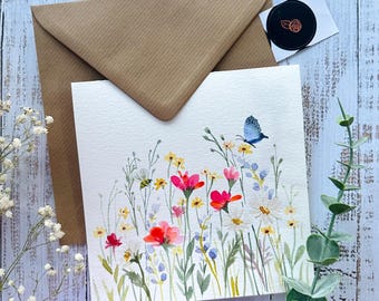 Original Hand painted, watercolor, floral, birthday, sympathy, blank greeting  card , spring florals 5.75"x5.75"