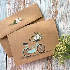 Original Pintado a mano Saludo en blanco, Cumpleaños, Gracias, Tarjeta de invitación, Bicicleta, tarjeta kraft Brown, Rústico 5 "x7"