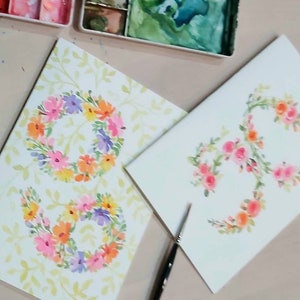 オリジナルの手描き、水彩画の花、空白の挨拶、ありがとう、結婚式、誕生日、お悔やみ、記念日カード 5"x7" をカスタムでお求めください。