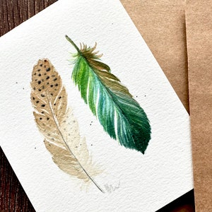 Original peint à la main, plumes aquarelles, deux plumes, plume verte, anniversaire, merci, sympathie, carte de vœux vierge 4.25"x5.5"