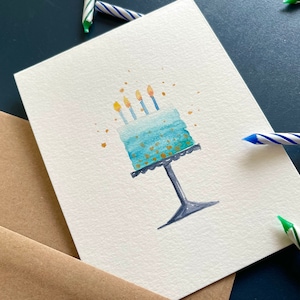 Aquarelle originale peinte à la main, gâteau d'anniversaire, bleu sarcelle, or, carte d'anniversaire, carte de voeux vierge 4,25 x 5,5 pouces