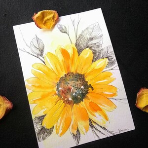 5 "x 7" illustration originale de tournesol aquarelle peinte à la main, tournesol jaune, art floral, décoration gaie, art mural sur le thème de l'automne