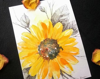 5"x7" Original Hand painted watercolor sunflower illustration, yellow sunflower, floral art, cheerful home  decor, fall themed wall art
