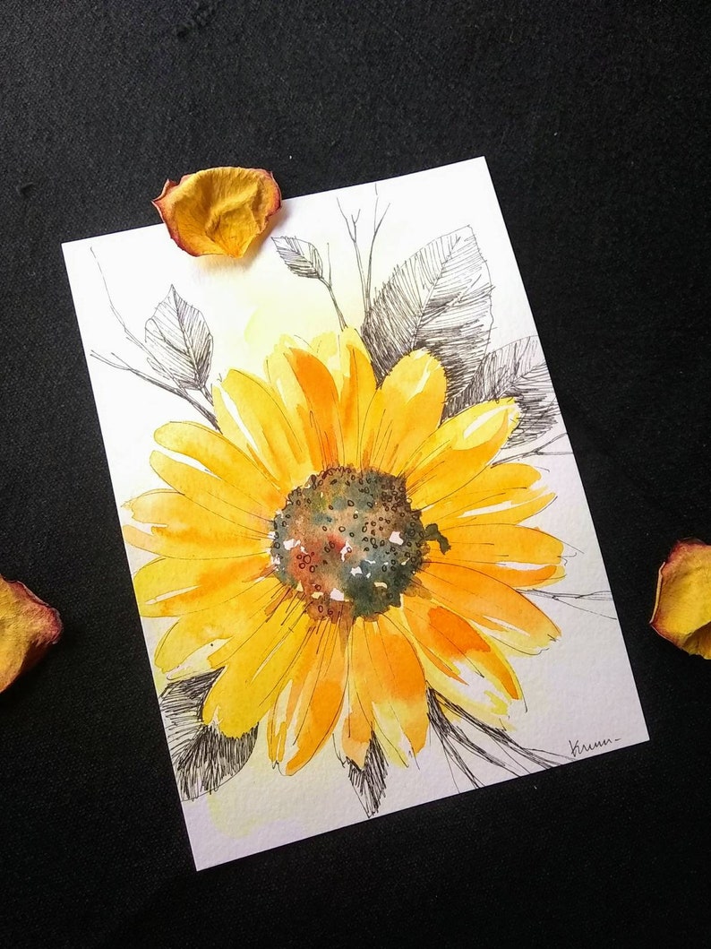 yellow sunflower cheerful home decor wall art 5x7 Original Hand painted watercolor