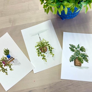 Lot de 3 cartes postales originales de pots de plantes aquarelles peintes à la main, 4 x 5,75 po.