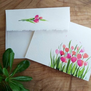 set of 3, Original hand painted watercolor floral, pink tulips, birthday, mother's day, Blank greeting card, thank you, sympathy 4.25"x5.5"