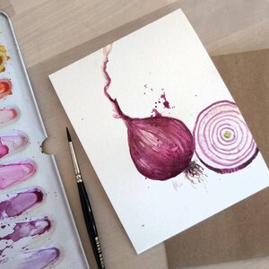 Oignon rouge aquarelle peint à la main original, illustration de nourriture, art de cuisine, salutation blanche, merci donnant, carte de remerciement 4.25"x5.5 »