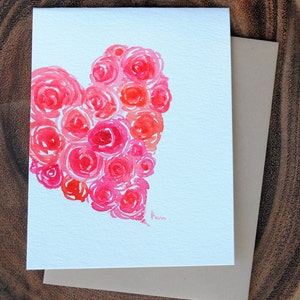 Original Hand painted Watercolor Roses, Heart, Anniversary, Love, birthday, Valentines day, Wedding card 4.25"x5.5"