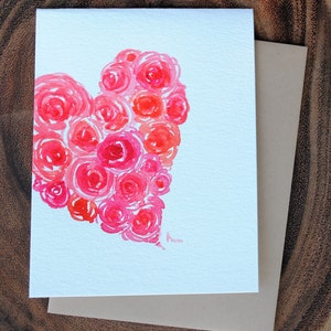 Original Hand painted Watercolor Roses, Heart, Anniversary, Love, birthday, Valentines day, Wedding card 4.25&quot;x5.5&quot;