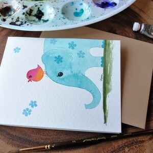 Ensemble de 2_Original aquarelle peinte à la main Éléphant et Oiseau vierge salutation / Anniversaire d’enfant / Cartes de nouveau-né 4.25 « x5.5 »