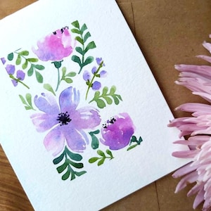 Set van 3, originele handgeschilderde aquarel bloemen, paarse tinten, blanco groet, bedankt, medeleven, verjaardagskaarten 4,25 "x 5,5"