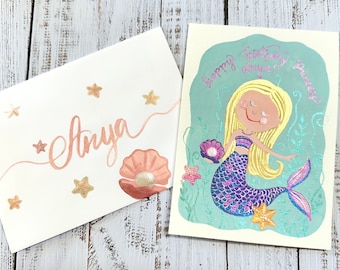 Custom  Original hand painted Birthday cards with painted envelope for kids, blank greeting, mermaid, nursery art, Newborn Baby card, 5"x7"