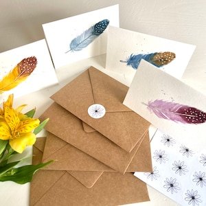 ensemble de 8, Aquarelle peinte à la main originale Cartes de note vierges, notes de remerciement, plumes, notes de sympathie, notes cadeaux 3"x4.5"avec enveloppes A1