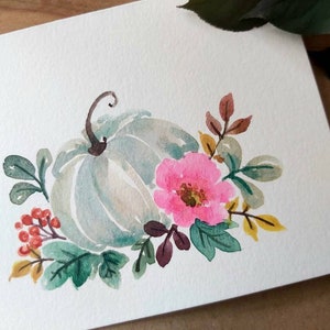 Aquarelle originale peinte à la main, feuilles d'automne, floral, halloween, action de grâces, citrouille cendrée, carte de voeux vierge 4,25 "x 5,5"