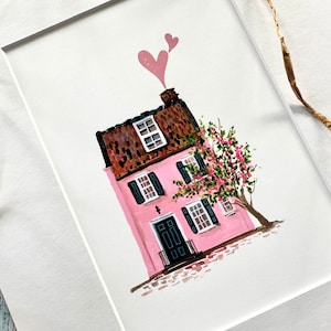 Art print, wall art, pink house, love hearts, wedding gift, home decor, housewarming gift, new home