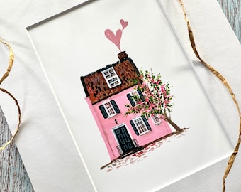Art print, wall art, pink house, love hearts, wedding gift, home decor, housewarming gift, new home