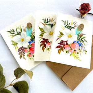 3er Set_Original handgemalte Aquarell Blumen, Geburtstagskarten, Dankeschön, blaue Feder, Muttertag, Karte 11x14cm
