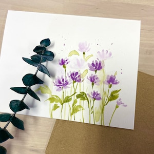 Ensemble de 3_Original, aquarelle peinte à la main, floral violet, salutation vierge, anniversaire, get well, sympathy, wedding, cartes de remerciement 4.25"x5.5 »