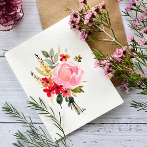 Original Hand painted Watercolor, Pink Floral, Mother's day blank  greeting card 4.25"x5.5"