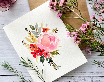 Original Hand painted Watercolor, Pink Floral, Mother's day blank  greeting card 4.25"x5.5"