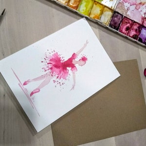 5"x7" Original Hand painted Watercolor, Ballerina, pink dancing girl, wall art, blank greeting  card