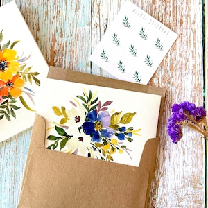 Set van 6 - Cadeaupakket - Originele handgeschilderde aquarel, 3 bloemmotieven, blanco groet, Moederdagcadeau, bedankkaart, 4,25"x5.