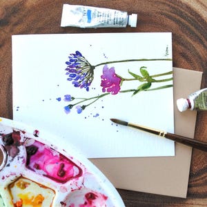 Lot de 3 cartes de voeux vierges originales peintes à la main, aquarelle, bleu, violet, floral, rétablissement, anniversaire, jeu de cartes de remerciement 4,25 x 5,5 po.