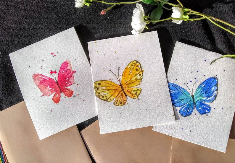 Set of 3/_ Original hand painted Watercolor Blue pink yellow Butterfly/_blank greeting Thank you cards 4.5x5.5