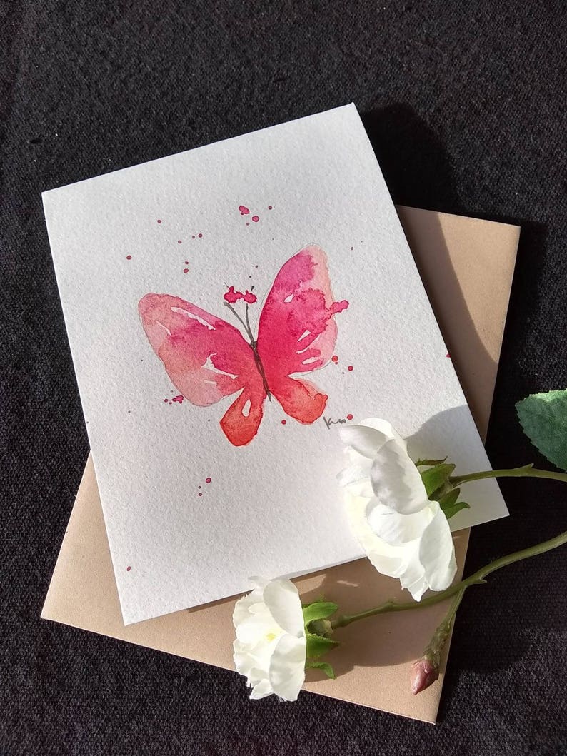 Set of 3/_ Original hand painted Watercolor Blue pink yellow Butterfly/_blank greeting Thank you cards 4.5x5.5