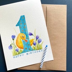 Aquarelle originale peinte à la main, voeux vierge de premier anniversaire, bleu, un, art mural unique pour chambre d'enfant, cartes de bébé, cartes d'anniversaire personnalisées 5 "x 7"