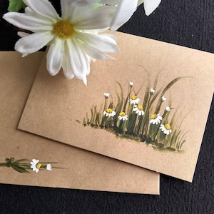 lot de 3 - voeux vierges originaux peints à la main, marguerites blanches, carte kraft marron, rustique, carte d'invitation 4,25 x 5,5 pouces