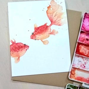 Set van 3_Originele handgeschilderde aquarel goudvis, blanco groet, beterschap, ik hou van je, verjaardag, bedankkaarten 4,25 x 5,5