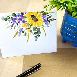 オリジナルの手描き水彩画、ひまわり、花柄、ありがとう、感謝祭、誕生日、お悔やみ、空白のグリーティング カード 4.25"x5.5"