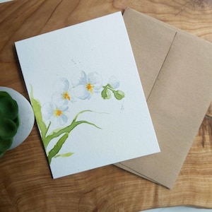 Original handgemaltes Aquarell weiße Orchideen, Glückwunschkarte, Glückwunschkarte, Glückwunschkarte, Karte, Geburtstag, Hochzeit, Blanko, Gute Besserung, 4,25"x5,5"