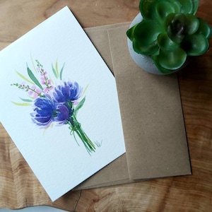 Original hand painted watercolor floral, birthday, Blank greeting cards, purple floral bunch 4.25"x5.5"