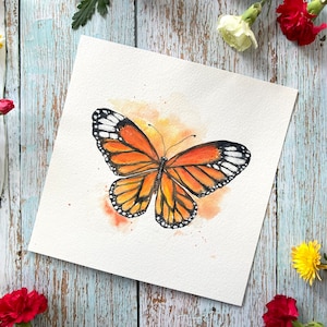 8"x8" originele handgeschilderde aquarel illustratie, gele, oranje vlinder, monarch, vrolijke kunst, vlinderkunst, natuur, vierkante muurkunst