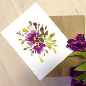 Originale dipinto a mano acquerello viola floreale, anniversario, amore, compleanno, condoglianze, biglietto di auguri 4,25"x5,5"