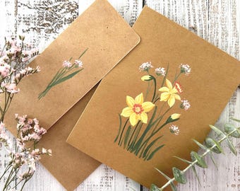 Original, Hand painted spring flowers brown greeting card, March birth month flower, Daffodils, Blank birthday card 4.25"x 5.5"