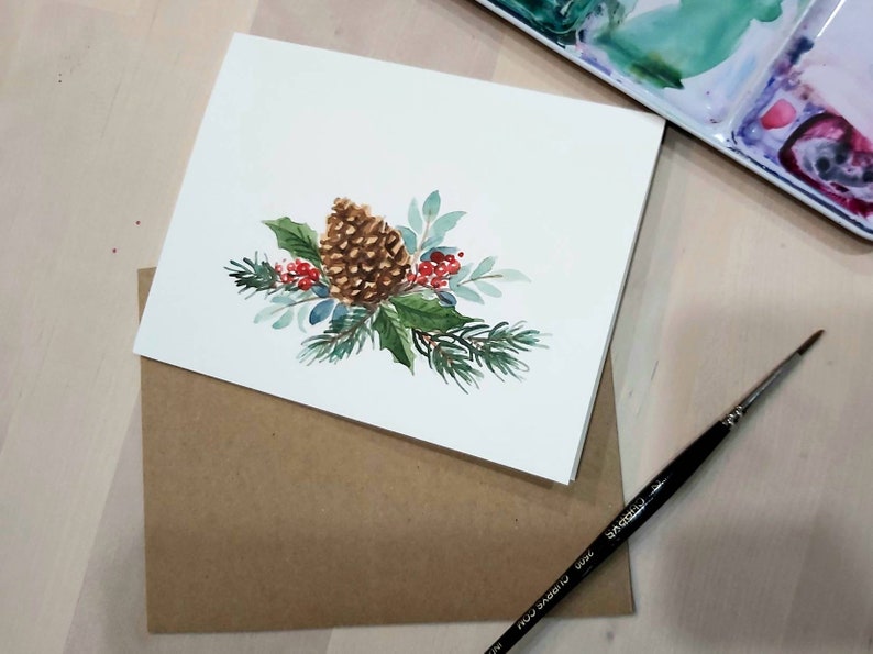 Set of 3 Original watercolor hand painted pine cone holiday greeting cards 4.25x5.5 Christmas decor