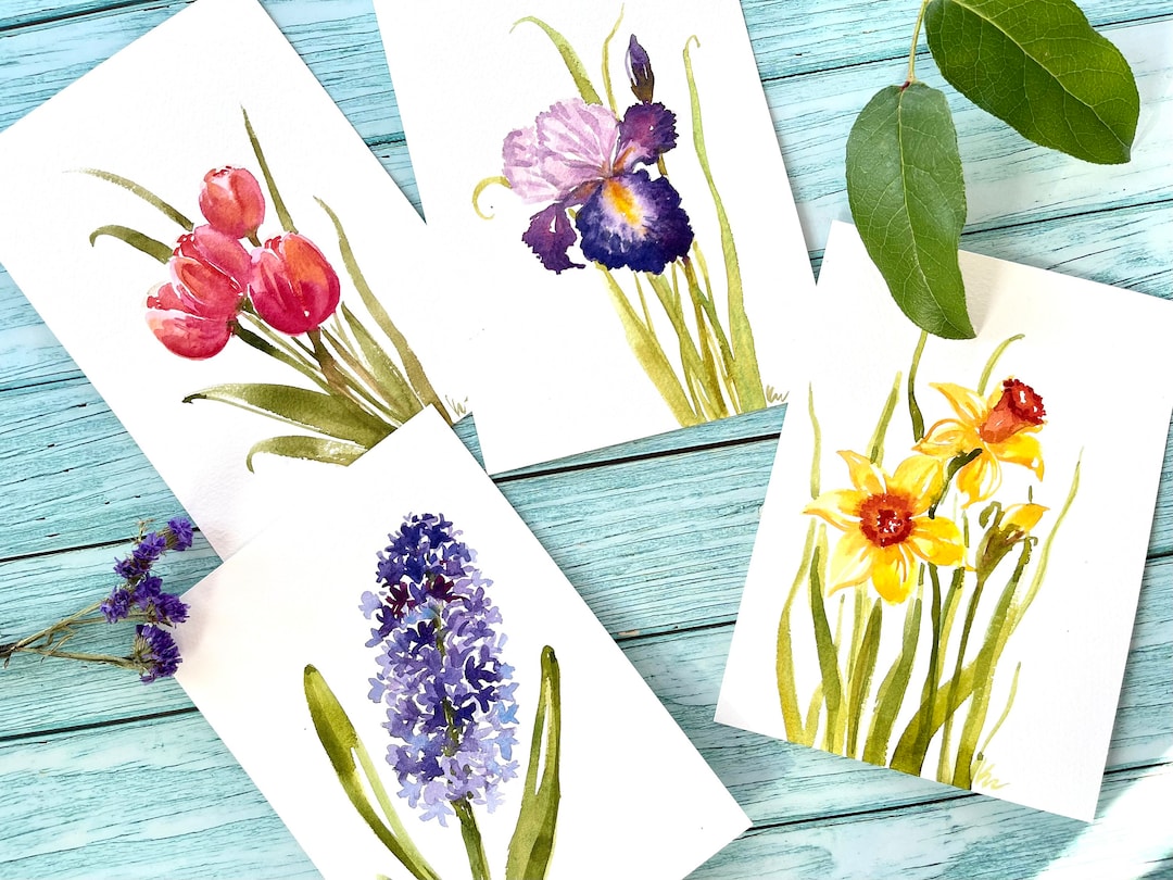 5"x7" Set of 4, Original Hand Painted Watercolor Floral, Tulips ...