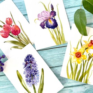 Conjunto de 4 de 5" x 7", arte floral original pintada à mão em aquarela, tulipas, jacintos, íris, narcisos, decoração alegre para casa, arte de parede de primavera e verão
