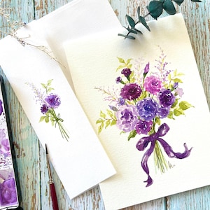 Carte de voeux originale peinte à la main, aquarelle d'oeillets violets 5 x 7 pouces