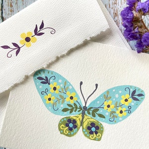 Original peint à la main, style folk, peinture à la gouache, bleu, papillon, anniversaire d'enfant, salutation vierge, carte de remerciement 4.25"x5.5"