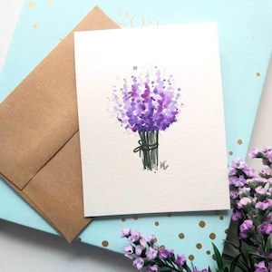 Set of 3, Original, hand painted, watercolor, Lavendar bunch, blank greeting, Birthday, Get well, Sympathy, Thank you cards 4.25"x5.5"