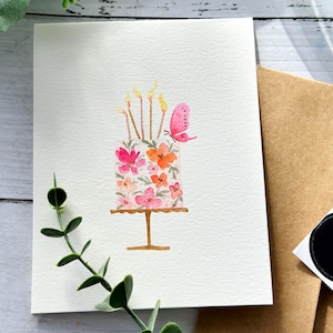 Original Hand painted Watercolor, birthday cake, pink, peach, gold, girl s birthday card, blank greeting  card 4.25"x5.5"